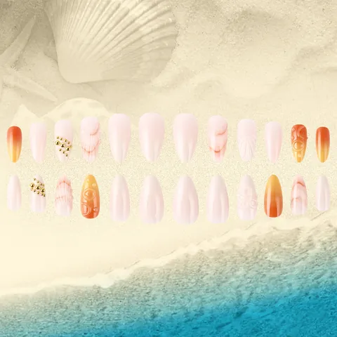 Kurze 3D Relief Press On Nails Mit Muschelblumen Design Orange Rosa Verlauf Mandelform Künstliche Nägel Für Damen