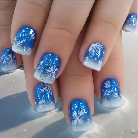 Christmas Snowflakes Blue Gradient Press On Nails Glossy Short Square Artificial Fake Nails With Glitter For Women Daily Party Winter Manicure Decoration