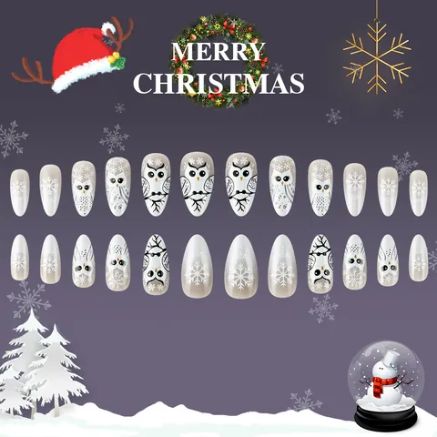 Christmas Artificial Nails With Owl And Snowflake Designs Short Almond French Style Fake Nails For Women Holiday Decorative Manicure
