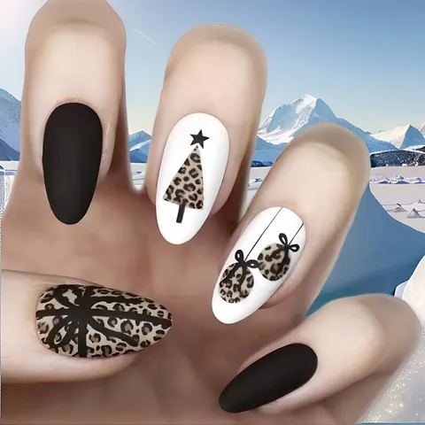 Uñas Postizas de Navidad con Estampado de Leopardo Mate Mujer Plástico ABS Forma Almendra Decoración Uñas Estilo Invierno