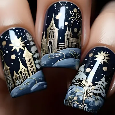 Weihnachten Schnee Dorf Nägel Zum Aufdrücken Dunkelblau Gold Weiß Schneeflocke Kurz Quadratisch Kunstnägel Damen Nagelkunst
