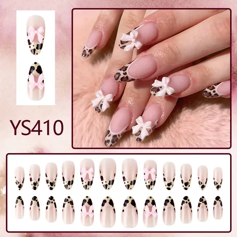 Faux Ongles Amande Imprimé Léopard Rose Avec Nœud 3D Style Français Brillant Pour La Saint Valentin Femme