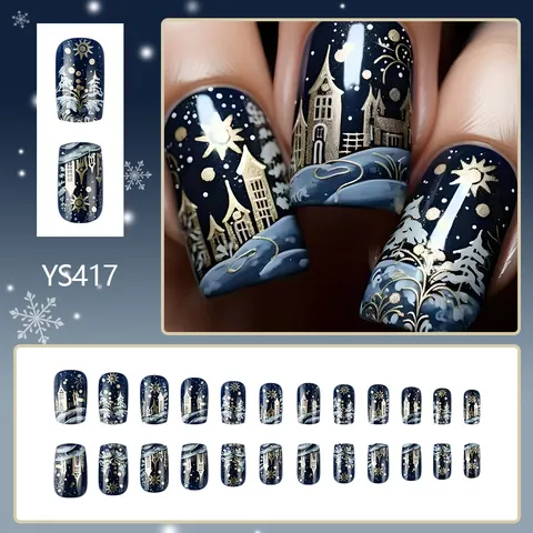 Weihnachten Schnee Dorf Nägel Zum Aufdrücken Dunkelblau Gold Weiß Schneeflocke Kurz Quadratisch Kunstnägel Damen Nagelkunst