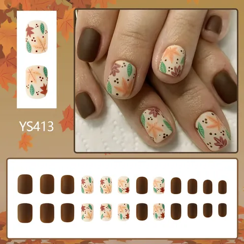 Unghie Finte Opache Autunno Foglia di Acero Corte Quadrate Marrone Vintage Crema Bianco Unghie Artificiali per Donna Decorazione Unghie
