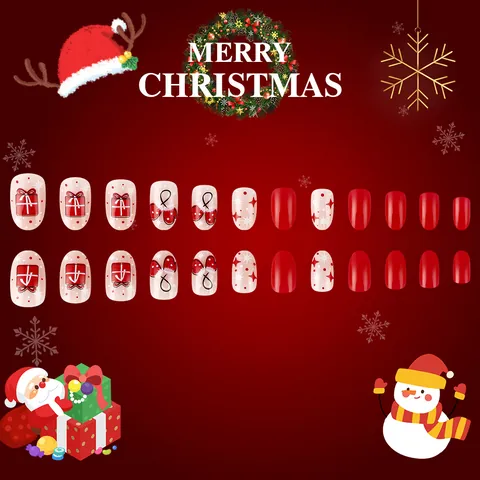 Faux Ongles de Noël à Presser Gants Rouges Boîte Cadeau ABS Plastique Court Rond Faux Ongles Set de Manucure Festif pour Femmes Fête de Noël