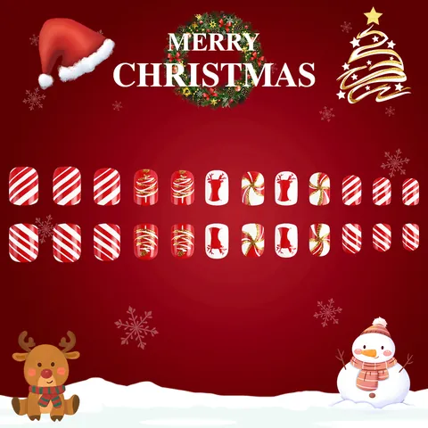 Unghie Finte a Pressione Corte Quadrate Tema Natalizio Renna Fiocco di Neve Rosso Bianco Oro Lucido Glitter Decorazione Unghie Donna