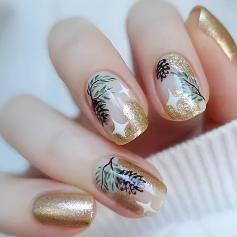 24pcs Christmas Pine Cone Pine Needle Press On Nails Short Square Glitter Gold False Nails For Women Holiday Party Decor