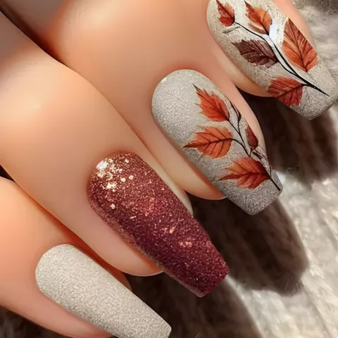 Herbst Ahornblatt Künstliche Nägel Sarg Lang Kunstnagels Glitzer Rot Braun Weiß Glänzend Künstliche Fingernägel Damen