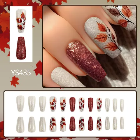 Herbst Ahornblatt Künstliche Nägel Sarg Lang Kunstnagels Glitzer Rot Braun Weiß Glänzend Künstliche Fingernägel Damen