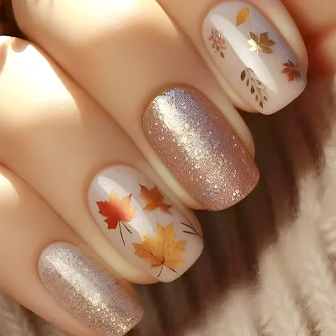 24PCS Short Square Press On Nails Autumn Maple Leaf Design Glossy Rose Gold Glitter Fake Nails For Women Daily Manicure Decoration