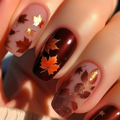 Unghie Finte Vintage Autunno Foglia di Acero Corte Quadrate Rotonde Rosso Scuro Oro Glitter Stile Francese Donna