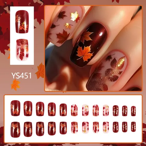 Unghie Finte Vintage Autunno Foglia di Acero Corte Quadrate Rotonde Rosso Scuro Oro Glitter Stile Francese Donna