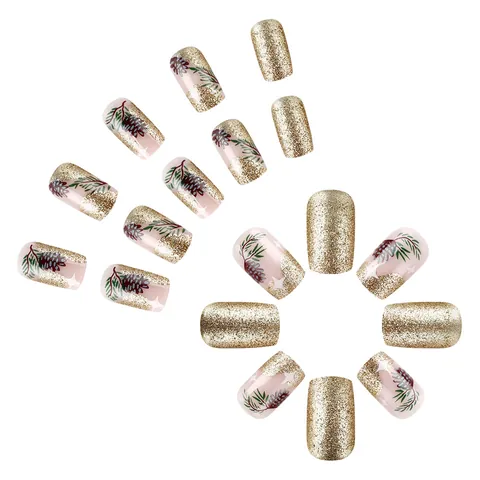 24pcs Christmas Pine Cone Pine Needle Press On Nails Short Square Glitter Gold False Nails For Women Holiday Party Decor