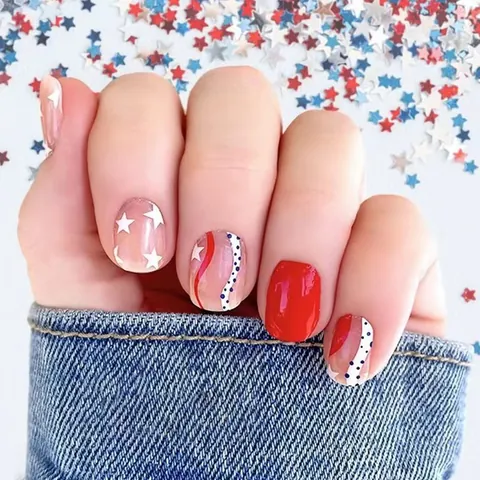 Unghie Finte da Donna Lucide Corte Quadrate Con Cuore Rosso e Pois Linea Ondulata Artistica Unghie Decorative