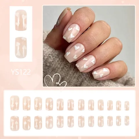 Glossy Nude Pink Short Square Press On Nails White Heart Pattern Minimalist Reusable Artificial Fake Nails For Women