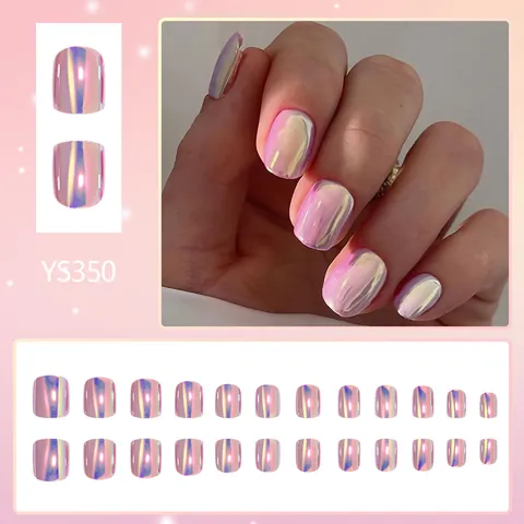 Laserspiegel Rosa Aurora Press-on-Nägel Kurze Quadratische Form Farbverlauf Metallglanz Falsche Nägel Für Damen Alltag Party