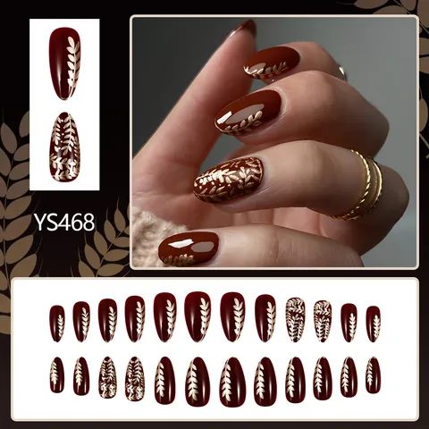Glossy Dark Red Almond Press On Nails With Gold Wheat Ear Pattern Detachable Full Cover Fake Nails For Women Manicure Art