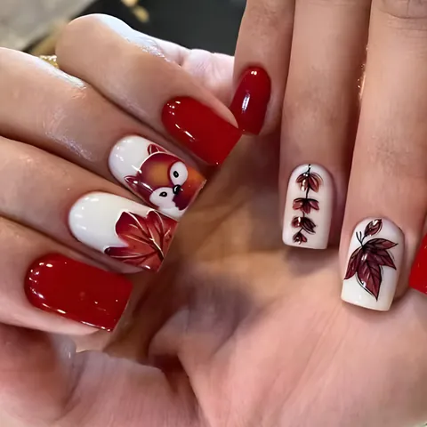 Uñas Postizas de Presión Otoño Zorro Hoja de Arce Cuadrado Corto Rojo Blanco Brillante Dibujos Animados para Mujer