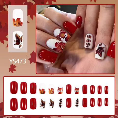 Uñas Postizas de Presión Otoño Zorro Hoja de Arce Cuadrado Corto Rojo Blanco Brillante Dibujos Animados para Mujer