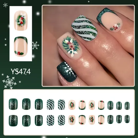 Weihnachten Kurz Quadratisch Künstliche Nägel Kranz Stechpalmenbeere Schneeflocken Glitzer Streifen Glänzend Falsche Nägel Für Damen