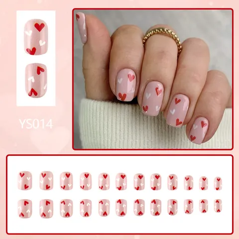 Unghie Finte a Pressione Corte Quadrate San Valentino Rosa Lucido con Motivo a Cuore Rosso e Bianco per Donna Manicure Fai-da-te