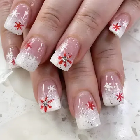 Unghie Finte per Natale Corte Quadrate Rosa Sfumato Fiocco di Neve Strass Glitter Unghie Finte per Donna Decorazione Festa Invernale