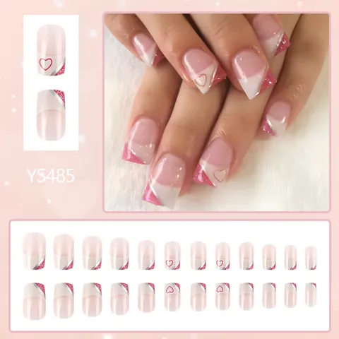 Valentinstag Herzmuster ABS Kunststoff Press On Nägel French Tip Rosa Weiß Eckig Falsche Nägel Für Damen Party Schönheit