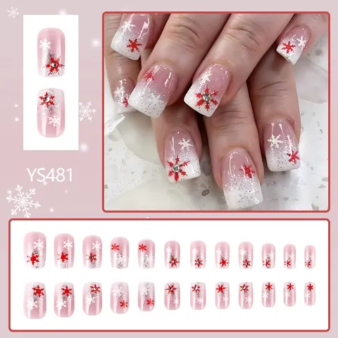 Unghie Finte per Natale Corte Quadrate Rosa Sfumato Fiocco di Neve Strass Glitter Unghie Finte per Donna Decorazione Festa Invernale