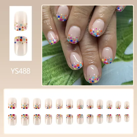 Unghie a Pressione Corte Quadrate a Pois Colorate Dopamina Lucide Unghie Finte per Donna Quotidiane Set Decorazione Unghie