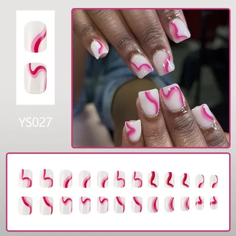 Unghie Finte a Pressione Corte Quadrato Rotondo Minimaliste Francesi Base Bianco Latte Linee Ondulate Rosa Fucsia Lucide Riutilizzabili