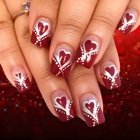 Red Heart French Press On Nails Silver Dot Pattern Medium Square Artificial Nails For Women Valentine's Day Gift Nail Art Kit