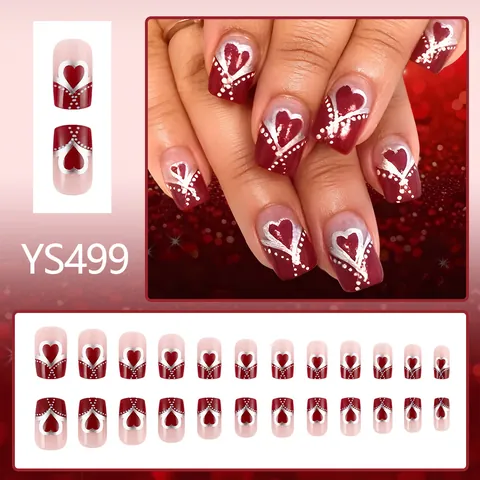 Red Heart French Press On Nails Silver Dot Pattern Medium Square Artificial Nails For Women Valentine's Day Gift Nail Art Kit