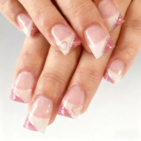 Valentinstag Herzmuster ABS Kunststoff Press On Nägel French Tip Rosa Weiß Eckig Falsche Nägel Für Damen Party Schönheit