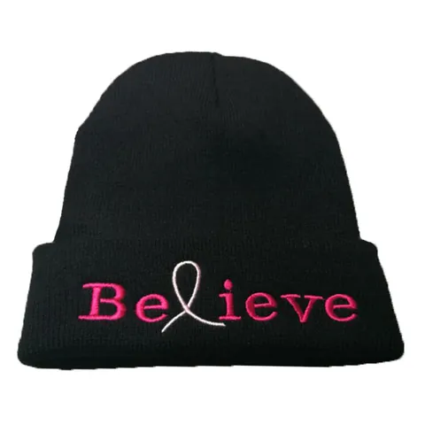Winter Warm Knitted Beanie Hat Hope Believe Letter Embroidery Breast Cancer Awareness Pink Ribbon Soft Acrylic Skull Cap