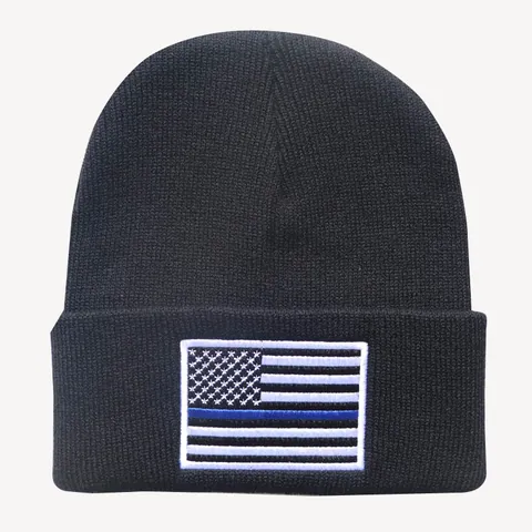 Unisex Strickmütze Mit Besticktem Thin Blue Line Amerikanische Flagge Aufnäher Winter Warm Beanie Acryl Totenkopf Kappe