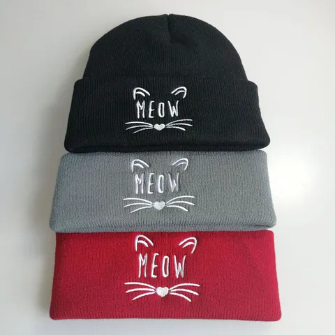 Meow Katze Gesicht Stickerei Strickmütze Beanie Unisex Winter Warm Acryl Umschlagmütze Für Damen Herren Hip Hop Streetwear Kopfbedeckung