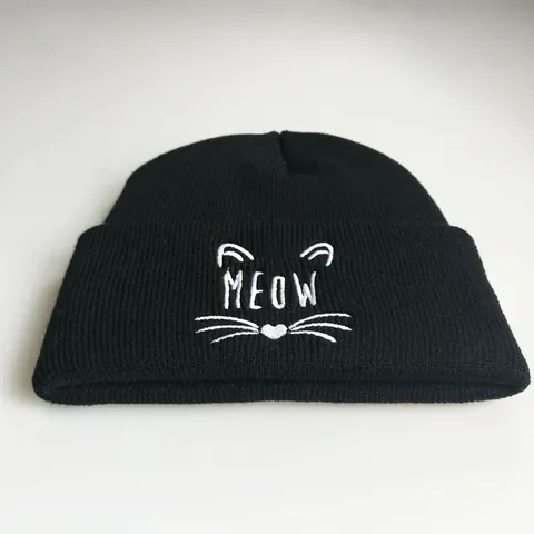 Meow Katze Gesicht Stickerei Strickmütze Beanie Unisex Winter Warm Acryl Umschlagmütze Für Damen Herren Hip Hop Streetwear Kopfbedeckung