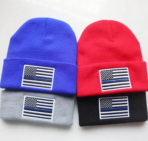 Unisex Strickmütze Mit Besticktem Thin Blue Line Amerikanische Flagge Aufnäher Winter Warm Beanie Acryl Totenkopf Kappe