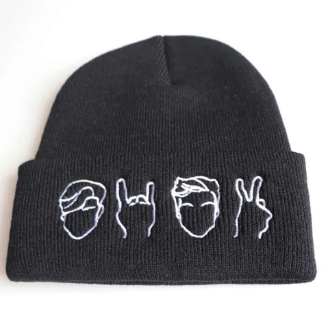 Hip Hop Acryl Strickmütze Mit Gesicht Stickerei Rock Geste Peace Hand Winter Warme Skimütze Für Unisex