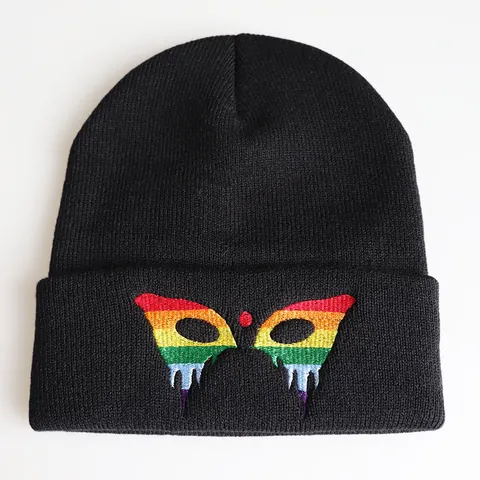 Berretto in Maglia Con Ricamo a Farfalla Arcobaleno Nero Acrilico Caldo Invernale da Sci per Uomo Donna Moda Pride Month Cappello Pullover