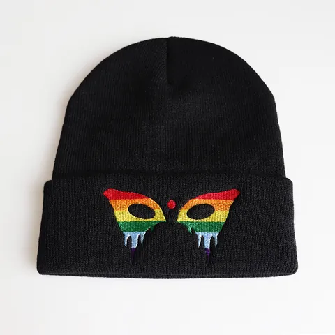 Berretto in Maglia Con Ricamo a Farfalla Arcobaleno Nero Acrilico Caldo Invernale da Sci per Uomo Donna Moda Pride Month Cappello Pullover