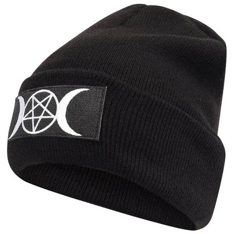 Goth Beanie Hat Embroidered Moon Pentagram Wicca Knit Hat Acrylic Hip Hop Winter Warm Slouchy Cuffed Skull Cap For Unisex