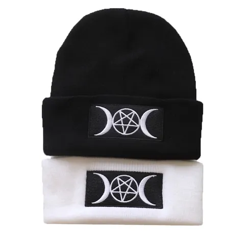 Goth Beanie Hat Embroidered Moon Pentagram Wicca Knit Hat Acrylic Hip Hop Winter Warm Slouchy Cuffed Skull Cap For Unisex