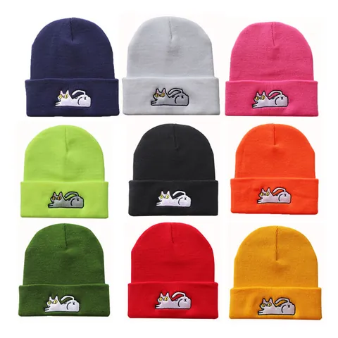 Unisex Acryl Strickmütze Beanie Mit Süßer Katze Stickerei Umschlag Warme Wintermütze Für Herren Damen Studenten Streetwear