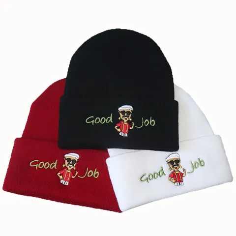 Good Job Cartoonfiguur Borduurwerk Beanie Muts Acryl Gebreide Warme Wintermuts Voor Heren Dames Hip Hop Stijl Skull Cap