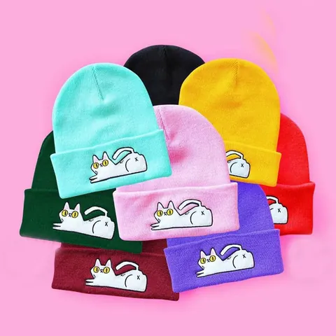 Unisex Acryl Strickmütze Beanie Mit Süßer Katze Stickerei Umschlag Warme Wintermütze Für Herren Damen Studenten Streetwear