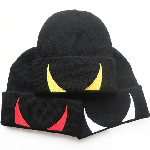 Unisex Devil Horn Embroidered Beanie Hat Black Acrylic Knit Cuff Cap For Men Women Halloween Hip Hop Winter Warm Hat