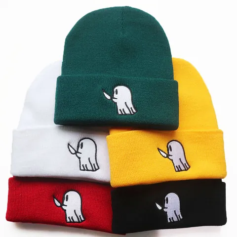 Halloween Geist Messer Stickerei Strickmütze Beanie Warm Acryl Wintermütze Für Unisex Hip Hop Outdoor Sport Mützen