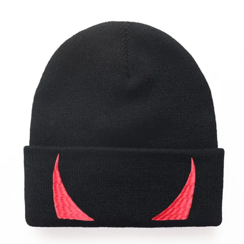Unisex Devil Horn Embroidered Beanie Hat Black Acrylic Knit Cuff Cap For Men Women Halloween Hip Hop Winter Warm Hat