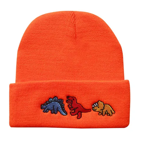 Cartoon Dinosaurier Stickerei Strickmütze Für Damen Herren Winter Warm Gerippte Umschlagmütze Hip Hop Weiche Acryl Skully Cap